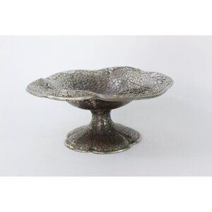 Vintage Japanese Metal Pedestal Bowl | Textured Floral Compote | Made in Japan